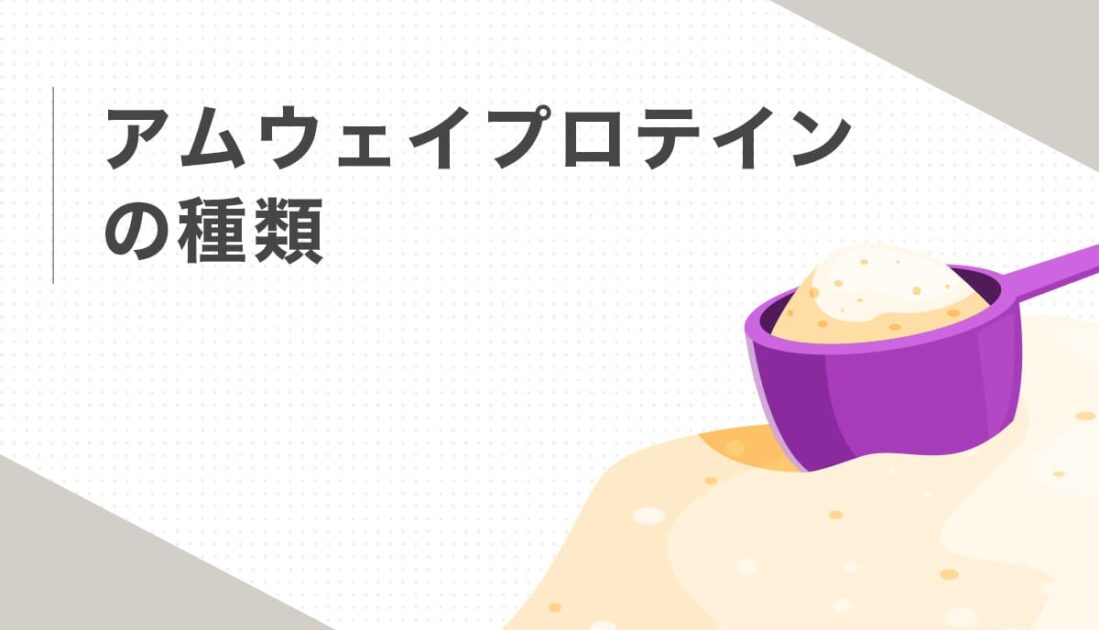 紫のスプーンで粉末をすくうイラストとアムウェイプロテインの種類を紹介する画像
